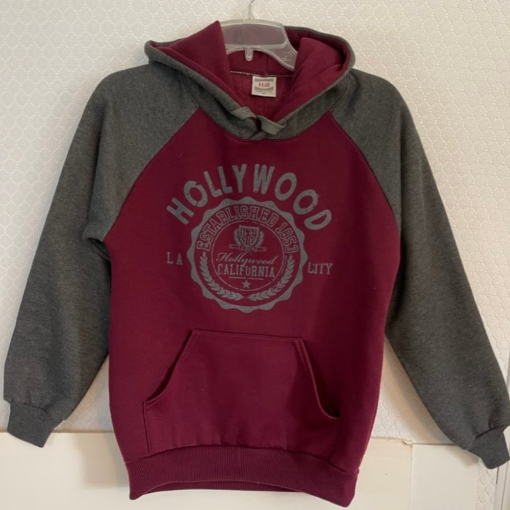 Warm and Comfortable Hollywood Pullover Hoodie -Cranberry & Gray- Size XS